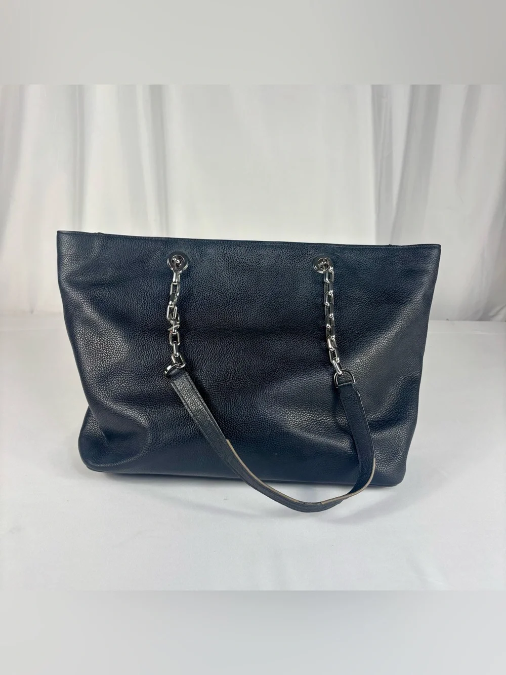 Michael Kors Large Pebbled Leather Chain Tote Bag Navy Silver Hardware
